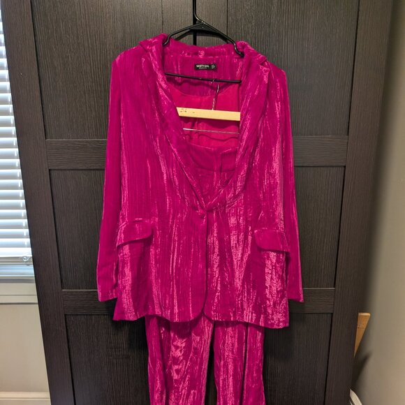 Nasty Gal Pink Velvet Suit (Top and Pants), Size 8, Hot Pink - Picture 1 of 5